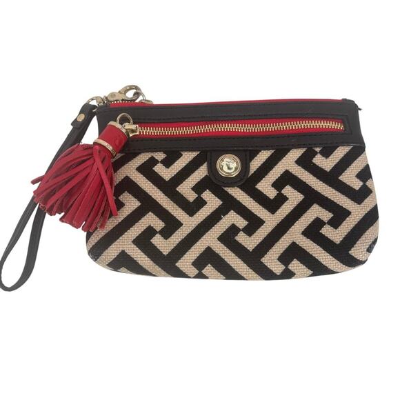 Spartina Wristlet Clutch with Tassel Beige Black Red Geometric Leather Linen Zip - Picture 1 of 12